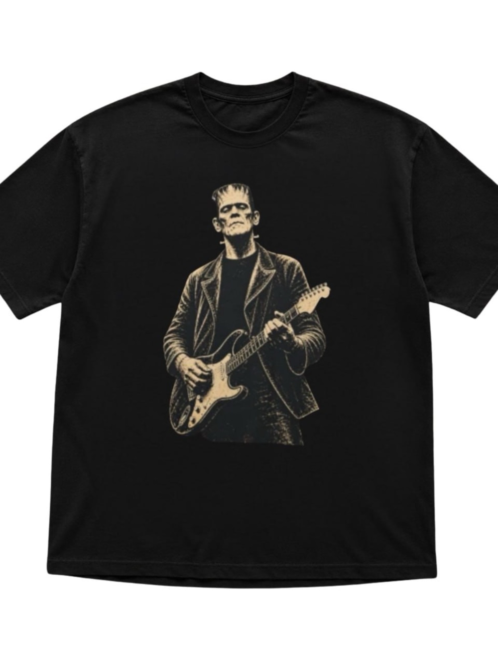 Black Short Sleeve Tee with Cream Frankenstein Guitar Graphic
